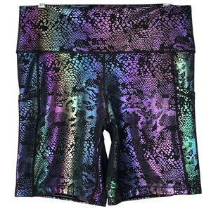 CVG Glisten Here Holographic Iridescent Snakeskin Bike Shorts Sz L Side Pockets